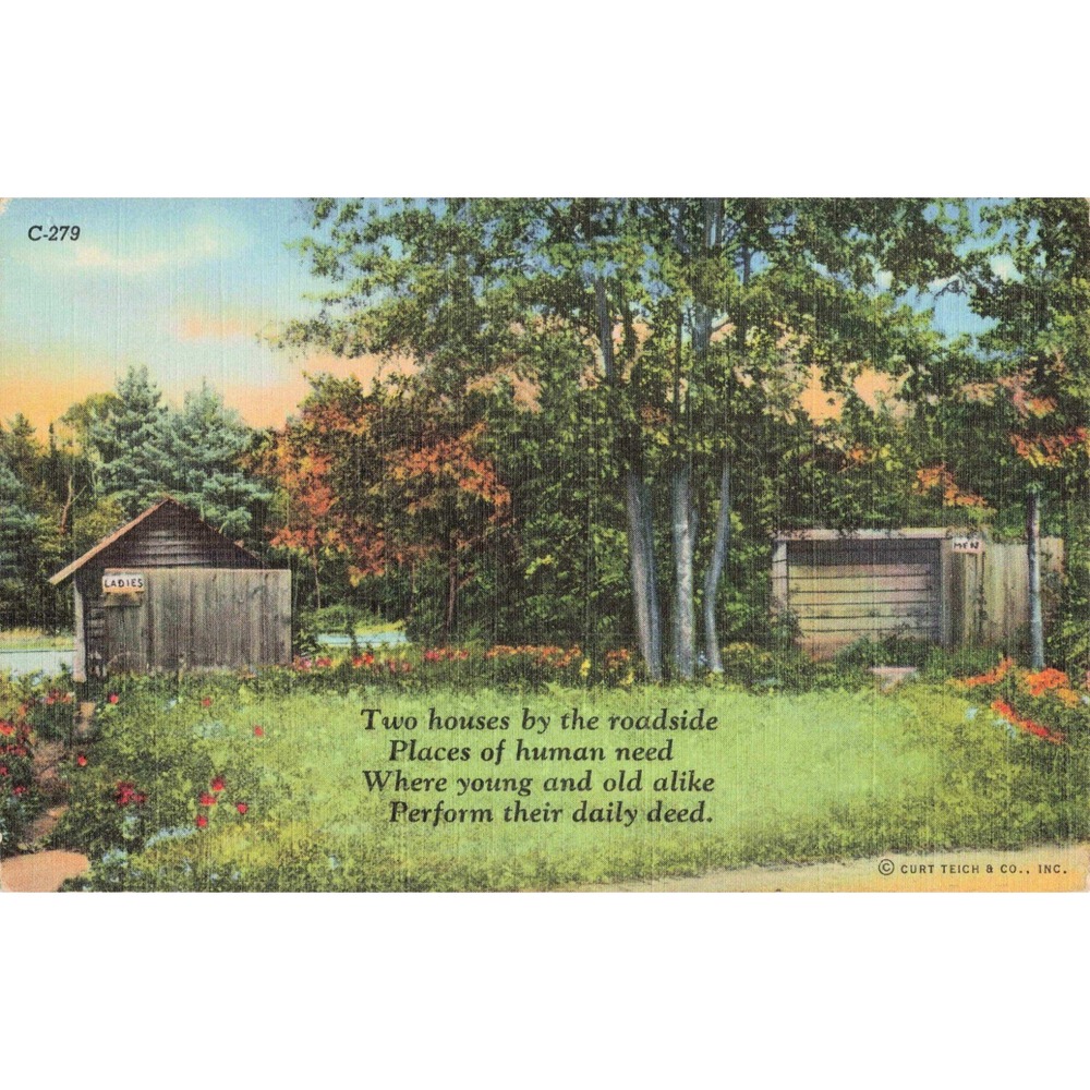 Vintage Linen Postcard Curt Teich Privy Series Humorous Outhouse Roadside C-279 - Picture 1 of 2